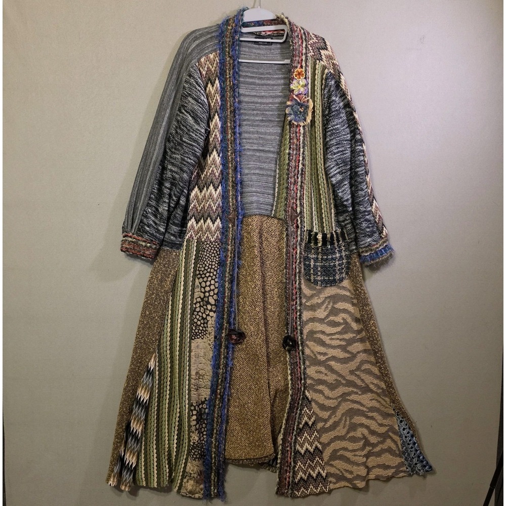 Lee Andersen Women's M Patchwork Long Duster Cardigan Art to Wear Boho Made USA